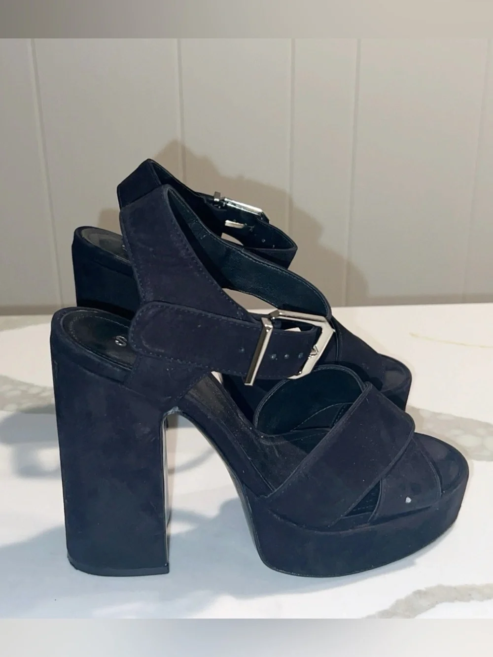 SCHUTZ Chunky Platform Ankle Strap Heels in Black Suede